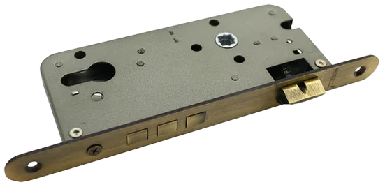 Замок межкомнатный OL03 AB под цилиндр с тремя ригелями, цвет античная бронза