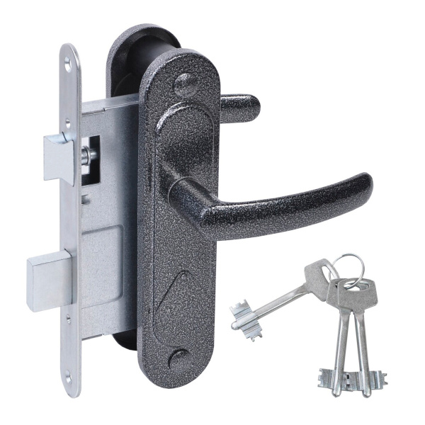 Замок Absolyute (Абсолют) врезной сувальдный с защёлкой в комплекте с ручкой ЗВ9.2-08 (серебро антик), 3 кл.