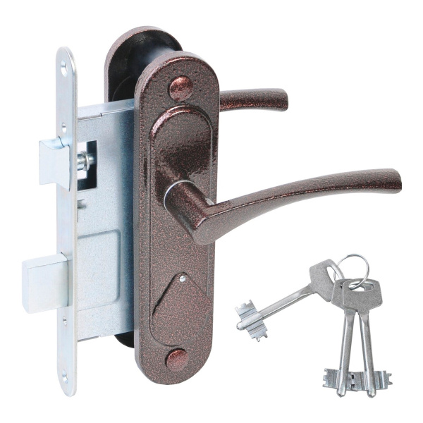 Замок Absolyute (Абсолют) врезной сувальдный с защёлкой в комплекте с ручкой ЗВ9.2-07 (медь антик), 3 кл.