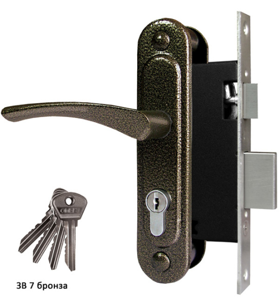Замок Omega (Омега) врезной цилиндровый с защёлкой в комплекте с ручкой ЗВ7 (бронза), 4 кл.