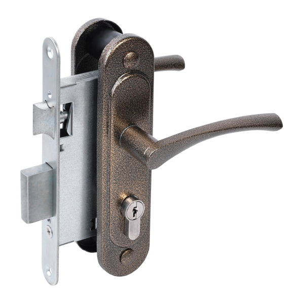 Замок Absolyute (Абсолют) врезной цилиндровый с защёлкой в комплекте с ручкой ЗВ4-3/07 (бронза антик), 4 кл.