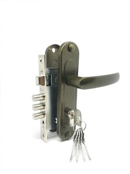 Замок Zenit (Зенит) врезной цилиндровый с защёлкой в комплекте с ручкой ЗВ7-60.1-02 (бронза), 5 кл.