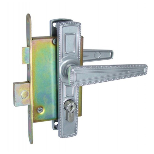 Замок Zenit (Зенит) врезной цилиндровый с защёлкой в комплекте с ручкой ЗВ4-3.01 (серебро), 4 кл.