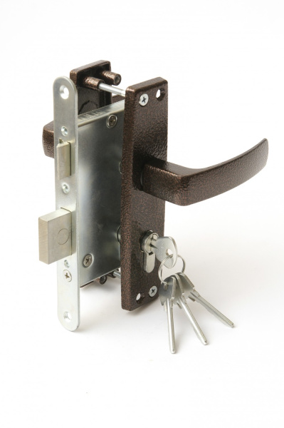 Замок Zenit (Зенит) врезной цилиндровый с защёлкой в комплекте с ручкой ЗВ4-3.04 (медь), 4 кл.