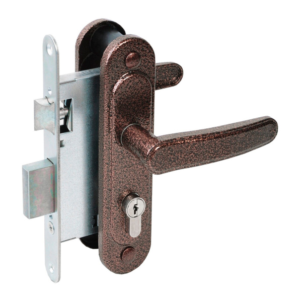 Замок Absolyute (Абсолют) врезной цилиндровый с защёлкой в комплекте с ручкой ЗВ4-3/03 (медь антик), 4 кл.