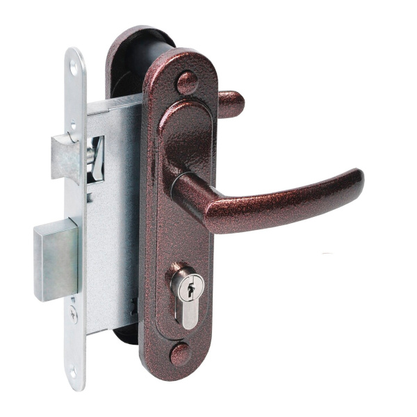 Замок Absolyute (Абсолют) врезной цилиндровый с защёлкой в комплекте с ручкой ЗВ4.2-08 (медь антик), 4 кл.